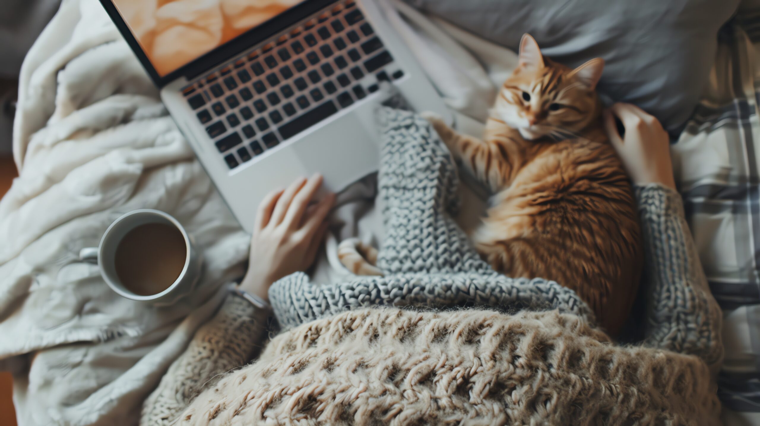 A woman relaxes on a couch with her cat and a cup of coffee while using a laptop.