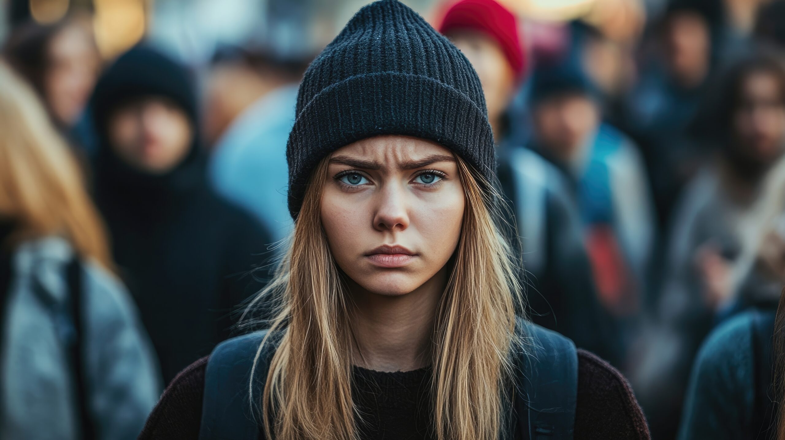 Sad woman with a black beanie blends into a crowd, conveying a sense of solitude. The image captures the emotions of a sad woman amidst the bustling surroundings, with ample copy space.