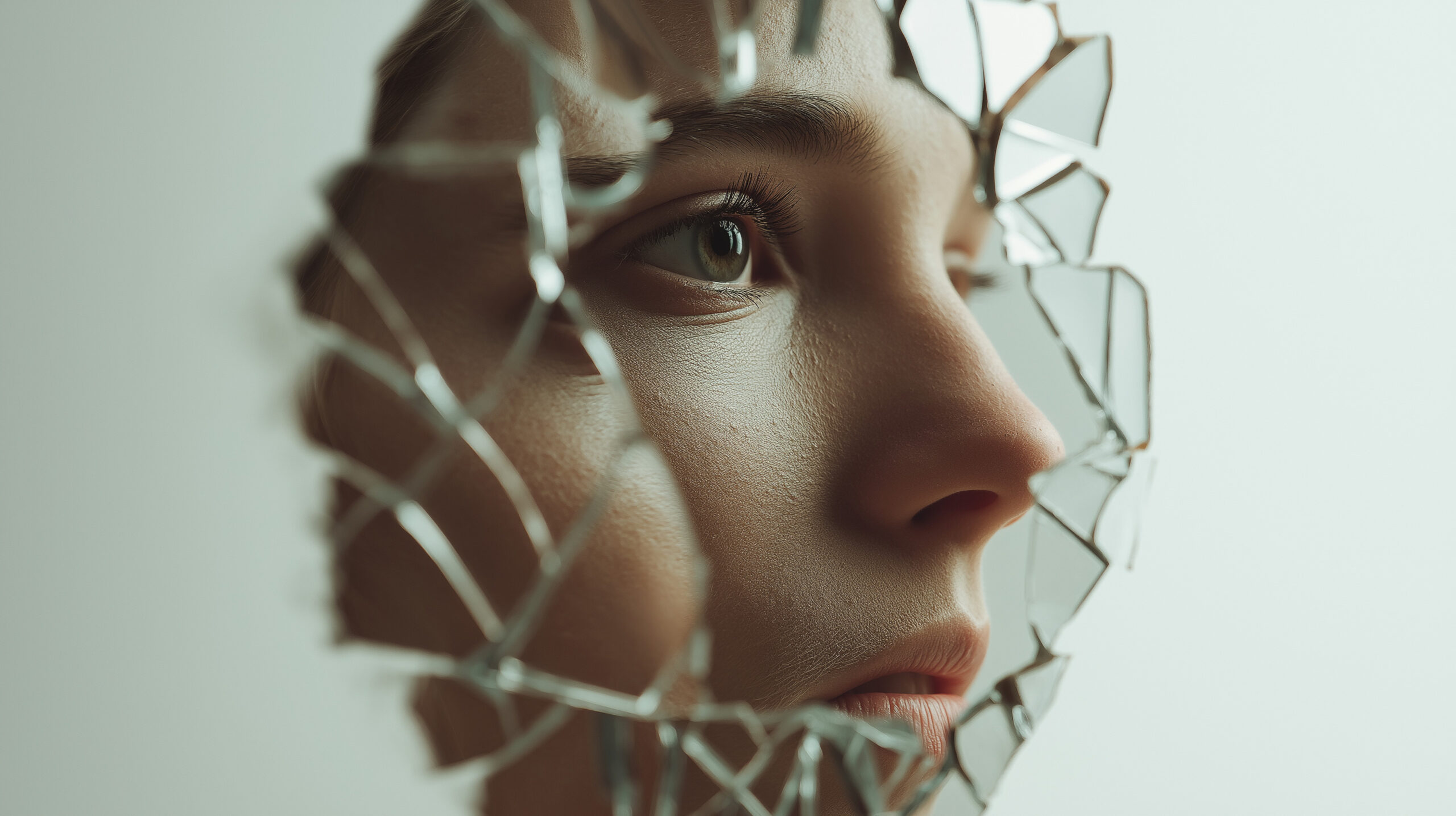 Close-up portrait of woman looking through broken glass with soft lighting