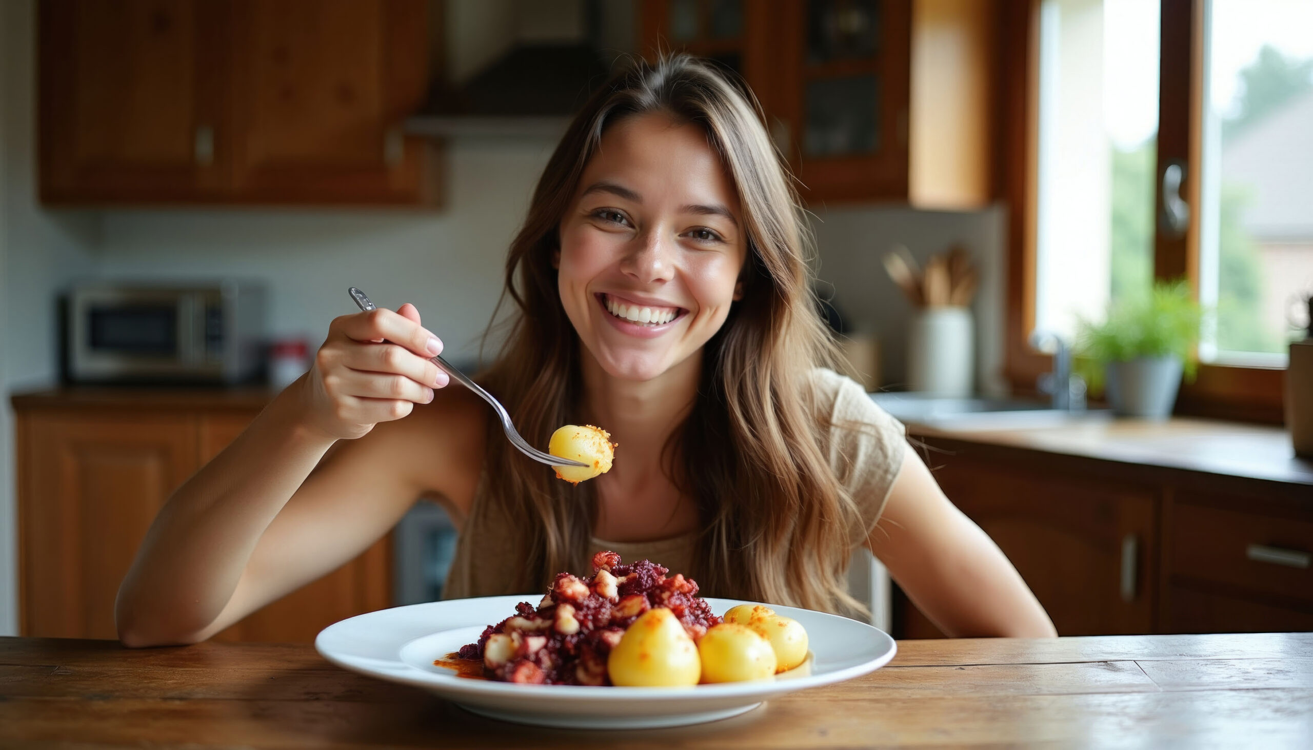 Young woman eats delicious octopus and potato meal at kitchen table. She smiles holding fork with food, enjoying home cooked dish. Casual lifestyle portrait shows healthy nourishment.